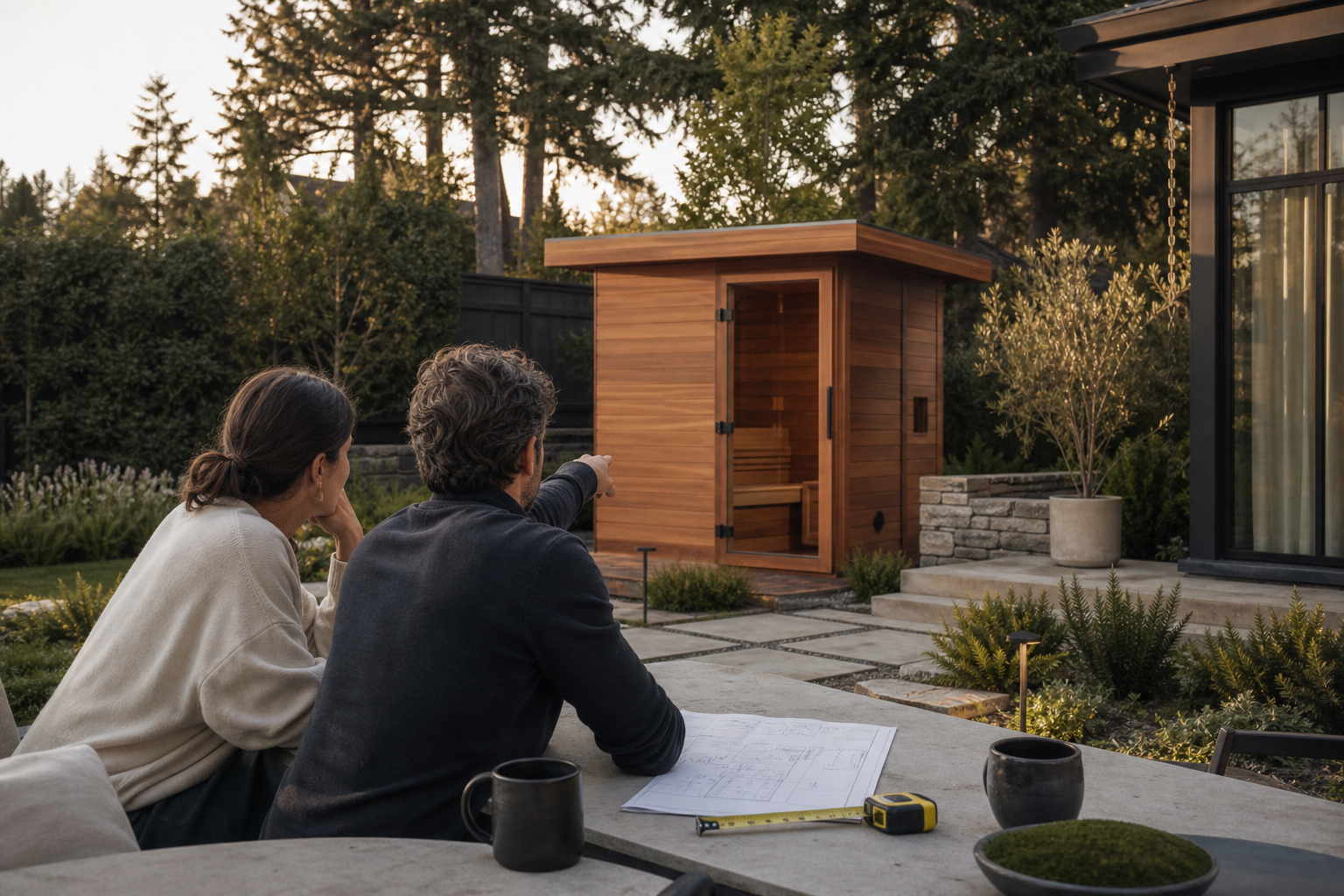 Couple planning an outdoor sauna placement in a landscaped backyard