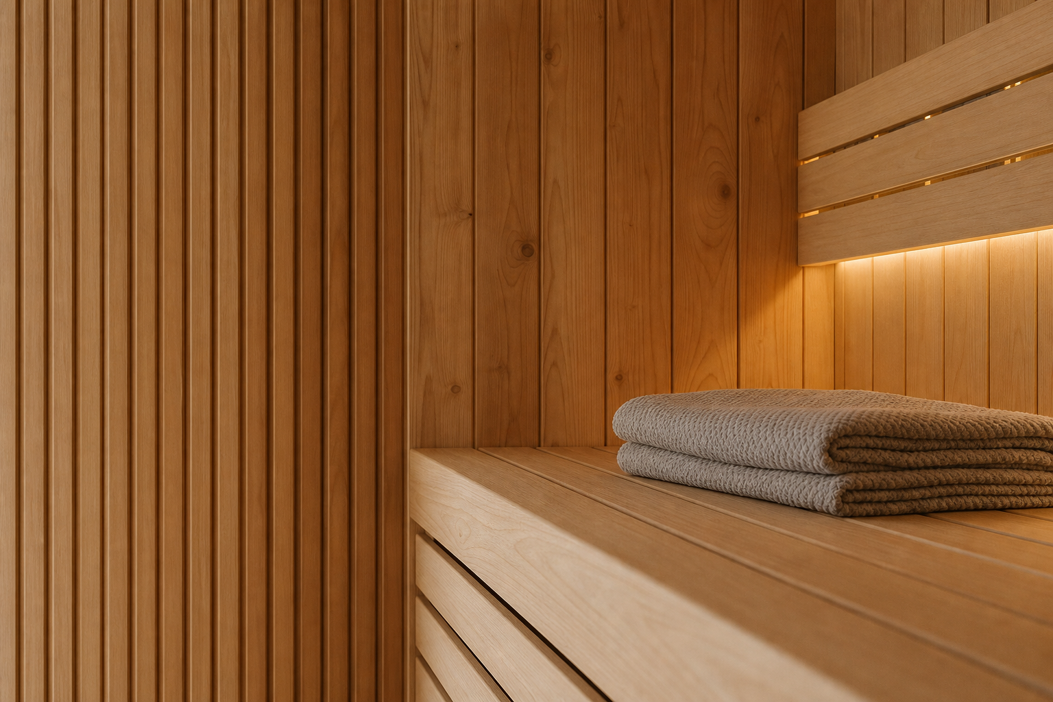 Warm timber sauna interior with bench and folded towels