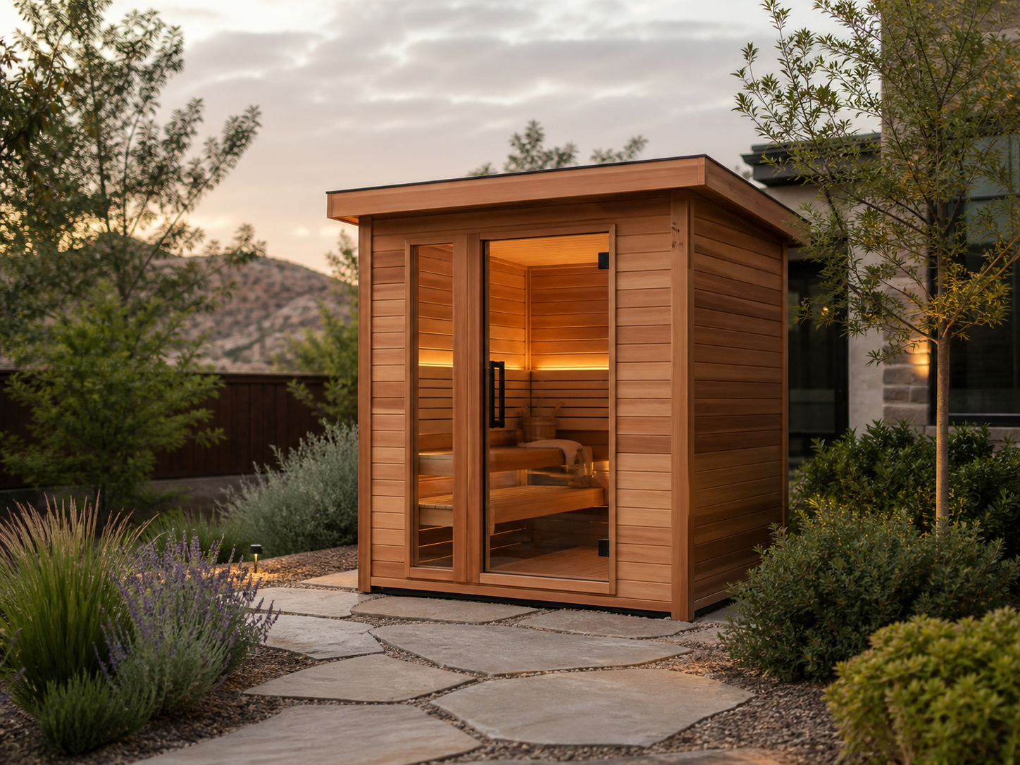 Warm Within outdoor sauna product in a landscaped setting